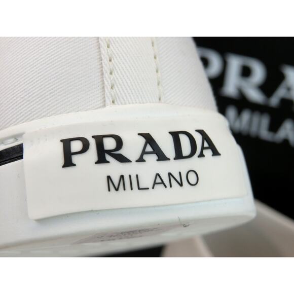 PRADA 1E617M WHITE BLACK POLKA CANVAS LOGO POINTY CAP LOW TOP SNEAKERS 38.5 - Picture 5 of 15